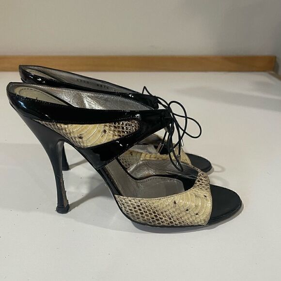 Dolce & Gabbana Snakeskin and Patent Leather Open Toe Heels